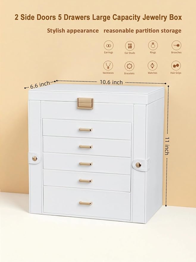 BOOVO Jewelry Box For women, 6 Layer Large Jewelry Organizer With Mirror, Multi-Function Storage Box With Lock, Necklace Holder With 5 Drawers, For Earrings Necklace Bracelet (White and Gold) - Image 5