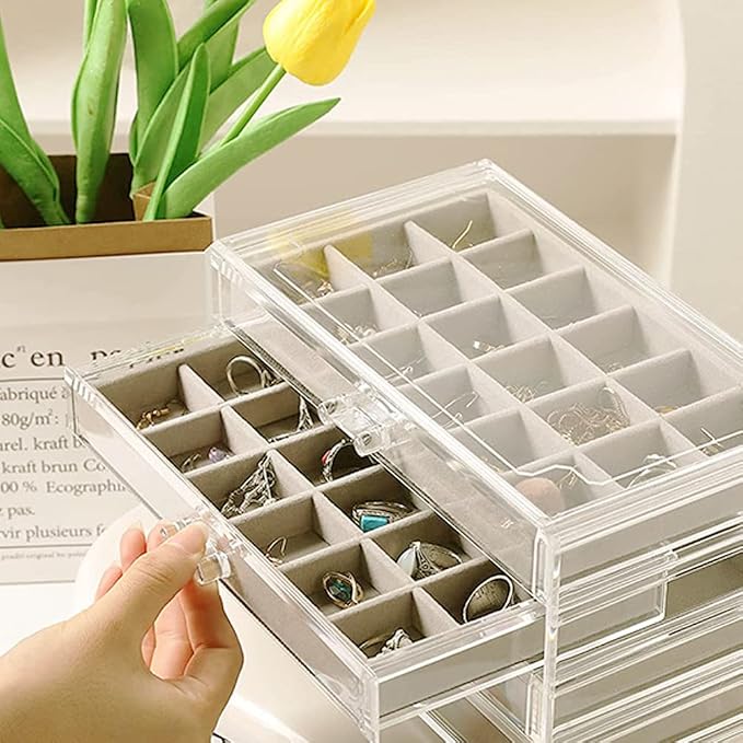YUFONG Earring Organizer Box Acrylic Jewelry Organizer with 3 Drawers 54 Adjustable Grids Clear Stackable Earring Holder Velvet Trays Ring Display Case for Women Girls (Beige) - Image 5