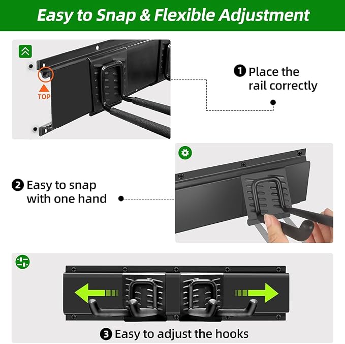 PIYILO Garage Organization, Garage Wall Organizer with 48 inches Rails and 6 Hooks, Tool Organizers Heavy Duty, Shovel Holder Wall Mount Max Load 360 LBS, Sturdy Garden Tool Rack for Folding Chairs - Image 6