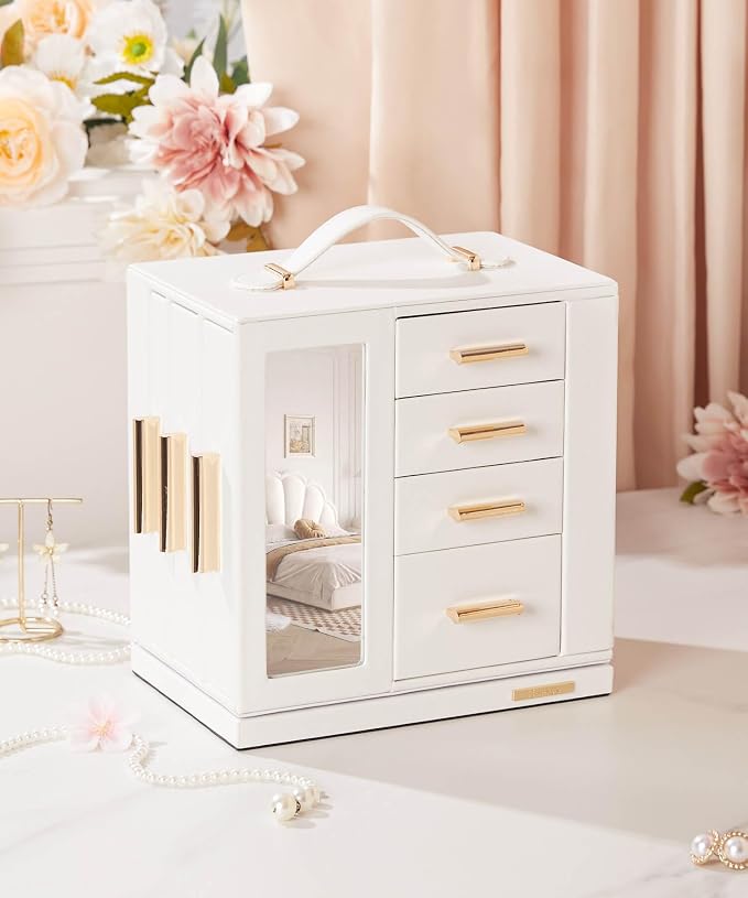 Homde Mothers Day Gifts Jewelry Box 360° Rotating, Necklace Earring Organizer with Transparent Window, Mirror, 7 Drawers, Large Ring Display Storage Case for Girls Women (White) - Image 8