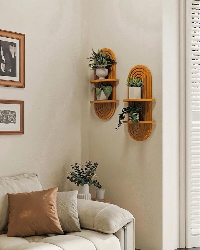Bamworld Boho Wall Decor Brown Plant Wall Shelf, Mid Century Modern Decor Hanging Plant Shelf, 2-Tier Wooden Floating Shelves for Home, Bathroom Bedroom Living Room, Office Planter Decoration 2 pcs - Image 6