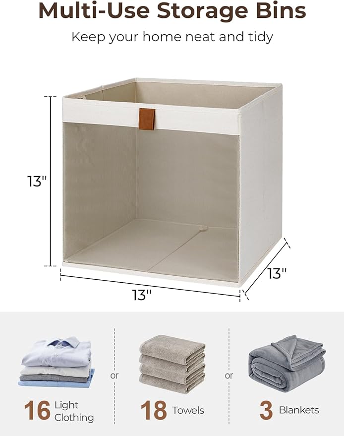 StorageWorks 13x13 Storage Cubes, Closet Storage Bins with Clear Window, Large Fabric Organizer for Clothes, Collapsible Storage Baskets with PU Handles, Beige, 3-Pack - Image 2