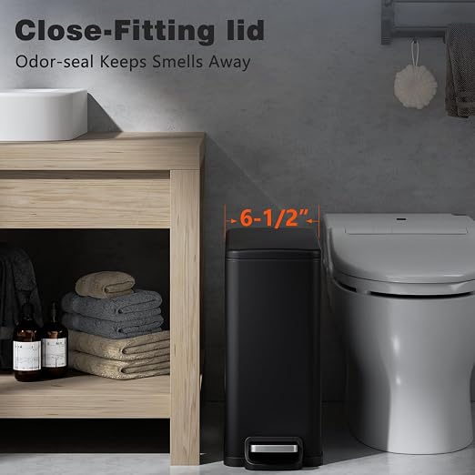 Slim Bathroom Trash Can with Lid Soft Close, 2.6 Gallon Stainless Steel Garbage Can with Removable Inner Bucket, Durable Step Pedal, Small Trash Bins for Toilet, Bedroom, Kitchen, Office - Image 2