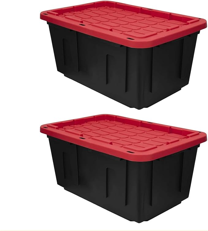 27 Gal Industrial Tote,2 Pack Plastic Storage Bins with Lids Tough Large Storage Bin,Black with Red Lid Plastic Storage,Stackable & Nestable for Garage, Basement, or Outdoor (2 Pack) by Unknown