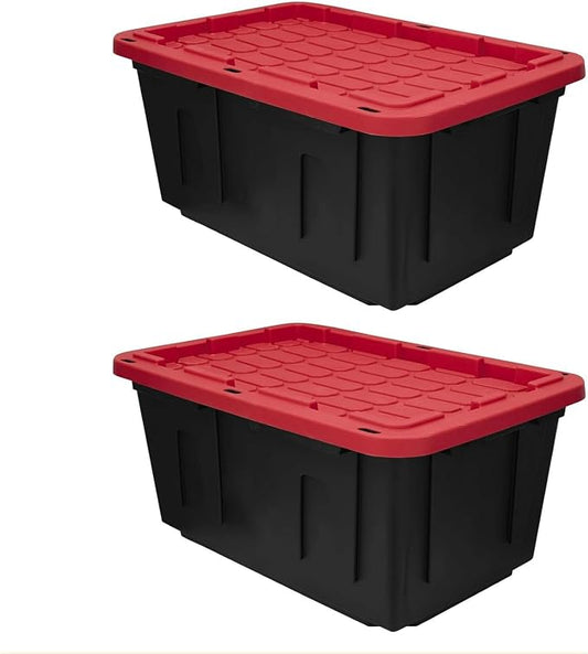 27 Gal Industrial Tote,2 Pack Plastic Storage Bins with Lids Tough Large Storage Bin,Black with Red Lid Plastic Storage,Stackable & Nestable for Garage, Basement, or Outdoor (2 Pack) by Unknown