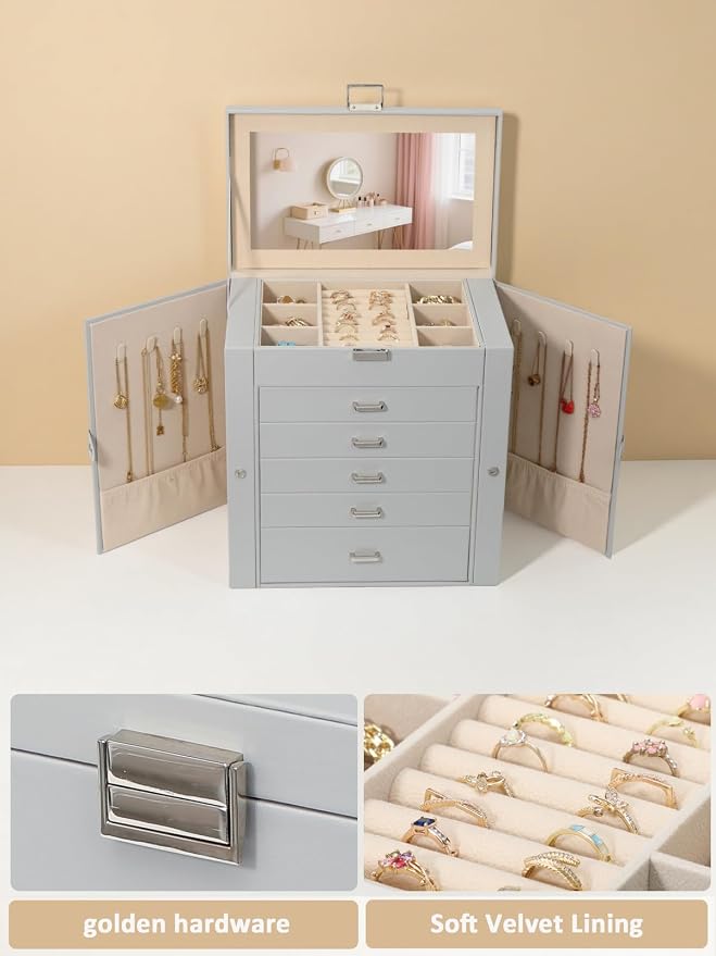 BOOVO Jewelry Box For women, 6 Layer Large Jewelry Organizer With Mirror, Multi-Function Storage Box With Lock, Necklace Holder With 5 Drawers, For Earrings Necklace Bracelet (Silver and Grey) - Image 2