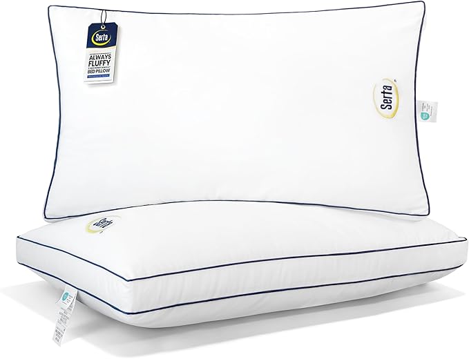 Serta Hotel Collection Bed Pillows King Size Set of 2, 400 Thread Count 100% Cotton Cover, Medium Support Gusseted Down Alternative Pillow for Back, Stomach or Side Sleepers, 18" x 34", White