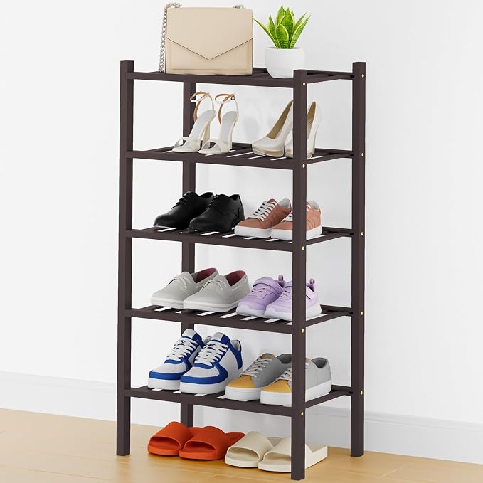 Smiry Shoe Rack, 5 Tier Thick Small Bamboo Shoe Organizer, Stackable Free Standing Wooden Shoe Storage Shelf for Closet, Entryway, Front Door Entrance, Brown by Smiry