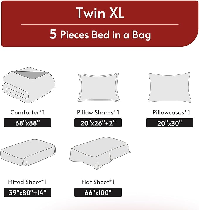 MUXHOMO 5 Pieces Twin XL Comforter Set, Reversible Bed in a Bag Twin XL Size, All Season Bedding Set with Comforter, Flat Sheet, Fitted Sheet, Pillowcases & Shams, Pink & Light Grey
