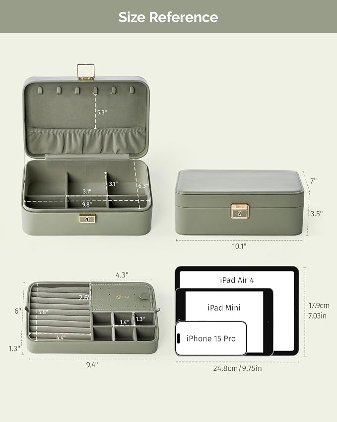 Jewelry Box, 2-Layer Jewelry Holder Organizer with Lock, Removable Jewelry Tray for Earrings Necklaces Bracelets, Green - Image 4
