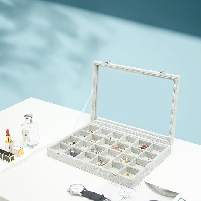 Coward Jewelry Organizer Tray Box, 24 Grids Ring Earring Chain Bracelet Necklace Jewelry Bead Display Holder Tray Case with Transparent Glass Lid for Home Drawer or Shop Selling - Image 5
