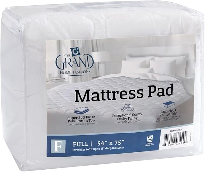 The Grand Hotel Collection Full Size Mattress Pad - Thin, Lightweight, and Breathable Mattress Pad - Ideal for Hot Sleepers & Plush Mattresses - Stretch Fits up to 15" - Easy to Wash (54 x 75)