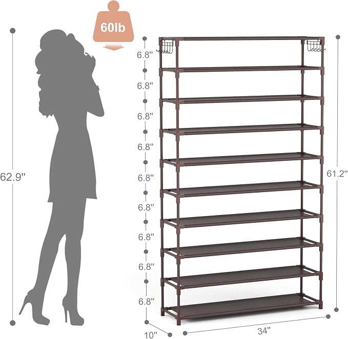 LANTEFUL 10 Tiers Shoe Rack 50 Pairs Large Capacity Tall Shoe Organizer Sturdy Shoe Storage with Two Hooks Space Saving Metal Wide Shoe Rack for Closet, Entryway, Bedroom, Brown - Image 3