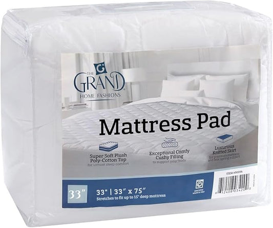 Grand Hotel Collection Cot Size Mattress Pad - Thin, Lightweight, and Breathable Mattress Pad - Ideal for Hot Sleepers & Plush Mattresses - Stretch Fits up to 15" - Easy to Wash (Cot Size 33 X75)