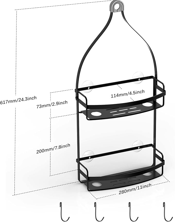 Meangood Shower Caddy Over Shower Head, Black Anti-Swing Hanging Shower Caddy with 4 Remove Hooks for Razor, Sponge, Towels Rustproof Shower Organizer for Bathroom - Image 6
