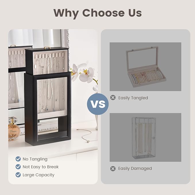 Lolalet Upgraded Double-Sided Hanging Necklace Organizer Box, Jewelry Display Case with Double-Sided Clear Window for Necklaces Bracelets, Tangle-Free Necklace Storage Box, Mothers Day Gift - Image 6