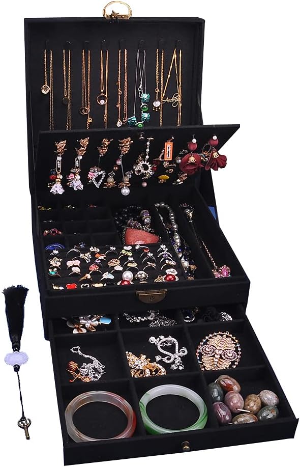 Women Jewelry Box Lockable 3 Layers Large Jewelry Organizer Storage Case for Earrings Necklaces Rings Bracelets,Green Display Jewel Holder (Black) by GYJOYERO