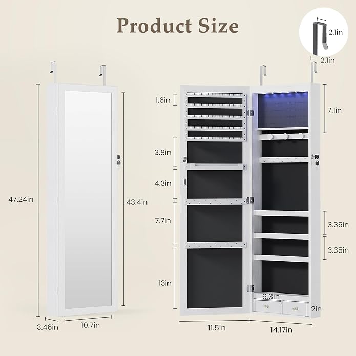 DUMOS 6 LEDs Mirror Jewelry Cabinet, Wall or Door Mounted Jewelry Organizer, 47.2-Inch Tall Lockable Large Capacity Cosmetic Storage, Gift Idea - Image 2