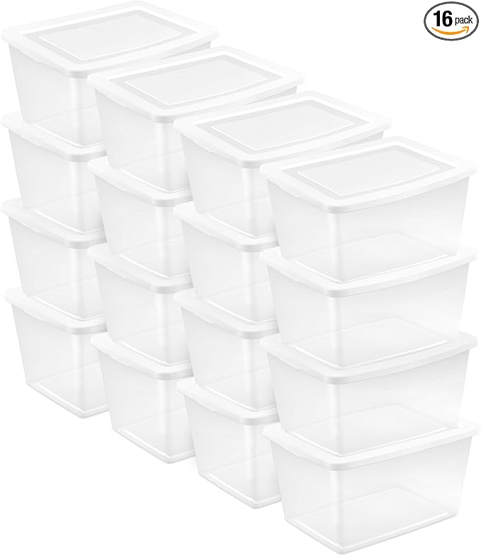 Sterilite 16 Pack Storage Box, 58 Quart Stackable Tote, Clear Plastic Container with Secure Snapping Lids for Home and Office Organization, White by Sterilite