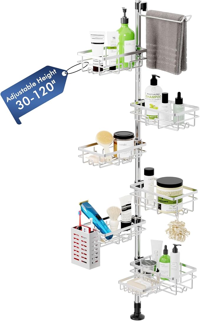 Vatex Shower Caddy Corner Tension Pole, Stainless Steel Rustproof 6 Shelves Bathroom Organizer with Towel Bar & Toothbrush Holder, Adjustable Shower Shelf for Renters - Family Stand Storage Rack by Vatex