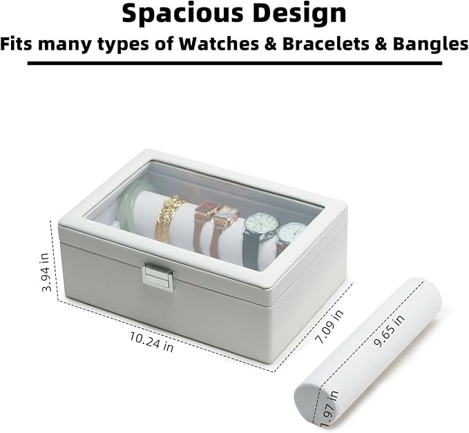 Bracelets Organizer Rods Bangles Display Holder, Clear See through Lid Leather Velvet Jewelry Storage Box Case for Women, 2 Rods White Leather - Image 2