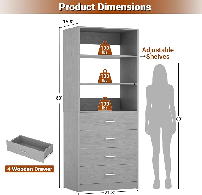 Aheaplus Closet Drawers System, 21.3" Wood Closet Organizer System with 4 Drawers, Modular Walk-in Closets System Storage Unit, Small Closets Wardrobe Rack, Tall Storage Cabinet Unit, Grey1 - Image 3