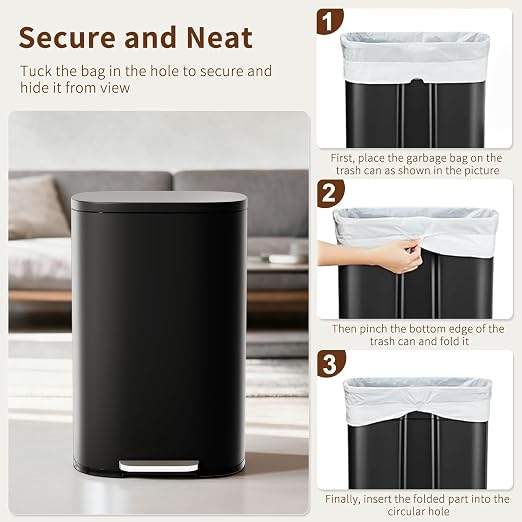 PayLessHere Stainless Steel Trash Can with Lid - Removable Inner Bucket, Foot Pedal Soft Close for Office, Home, Kitchen Garbage Bin (Black, 13 G) - Image 6