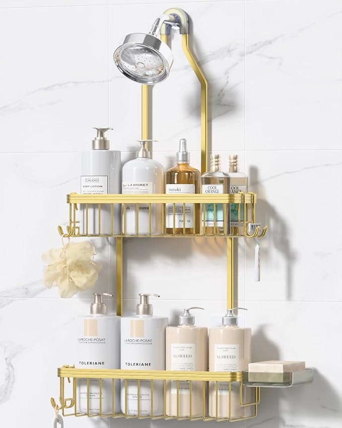 YASONIC Shower Caddy Hanging, Never Rust Shower Organizer Hanging, Aluminum Shower Racks for Inside Shower with Hooks for Razor, Bathroom Organizers and Storage with Soap Holder, Gold by YASONIC
