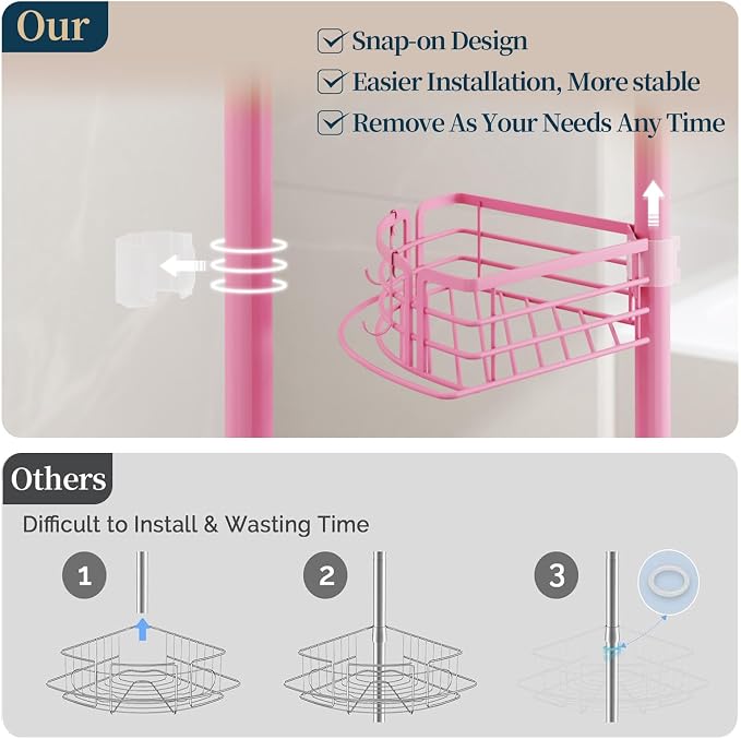 Consumest Corner Shower Caddy Tension Pole - Rustproof Shower Shelves with Towel Bar & Soap Holder, Adjustable Bath Organizer for Bathroom Storage, 27.6-108.3 inch, Pink - Image 3