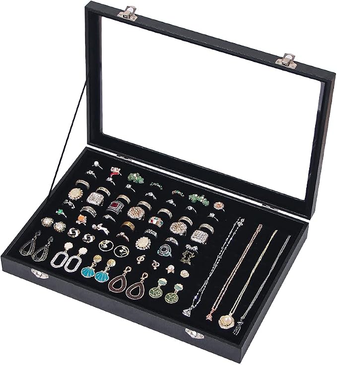 Ring Holder Organizer Box, Jewelry Display Case, Earring Necklace Storage Tray With Top Glass Lid (Black, 100 Slots) - Image 3