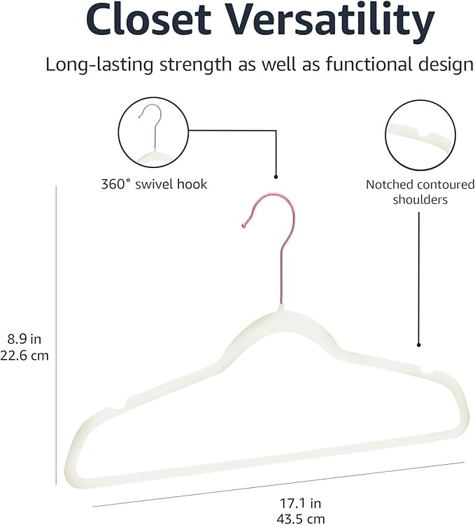 Amazon Basics Slim Velvet Non-Slip Space Saving Suit Clothes Hangers, Closet Organizer, Sturdy Construction, Ivory/Rose Gold, 50-Pack - Image 5