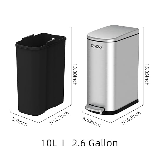 KSSKSS 2.6 Gallon Slim Bathroom Trash Can with Soft Close Lid, 10L Stainless Steel Garbage Can with Removable Liner Bucket, for Narrow Spaces,Bathroom, Bedroom (Silver) - Image 5