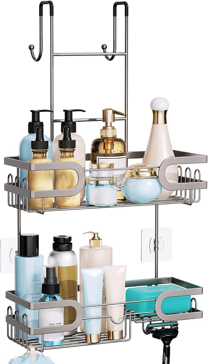 HapiRm Shower Caddy over Door- Hanging Shower Organizer with 14 Hooks and Soap Holder, Rustproof & Waterproof Stainless Steel Bathroom Shelf - Brushed Nickel by HapiRm