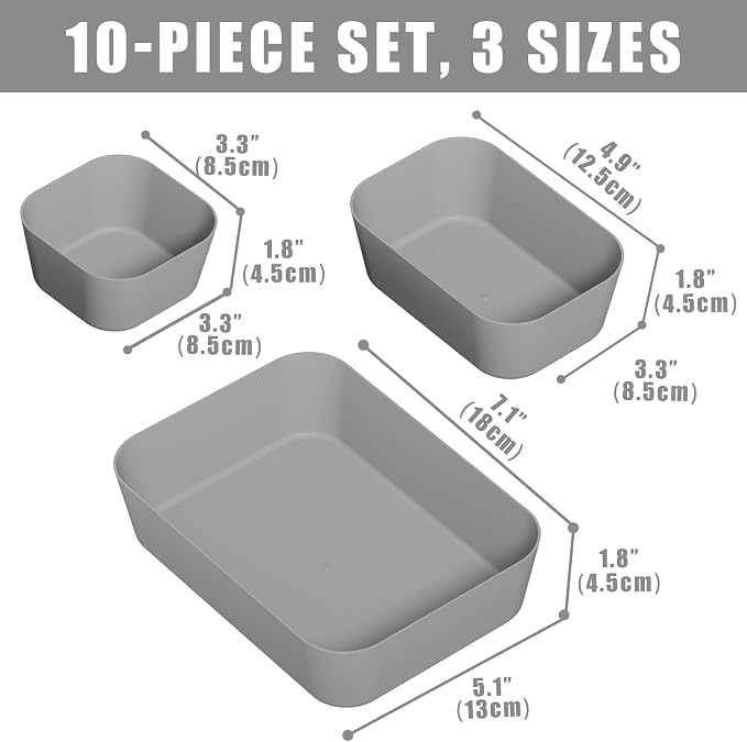 Plastic Drawer Organizers, 10 PCS Drawer Organizer Bins, Bathroom and Vanity Organizer Plastic Tray, Makeup Organizer and Storage for Makeup, Bedroom, Kitchen Gadgets Utensils and Office (Gray) - Image 2