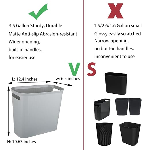 rejomiik Small Trash Can, 3.5 Gallon Garbage Can, Slim Waste Basket, Plastic Trash Bin Container with Handles for Bathroom, Bedroom, Home, Office, Dorm Room, Kitchen, Rectangular, Gray, 1 - Pack - Image 3