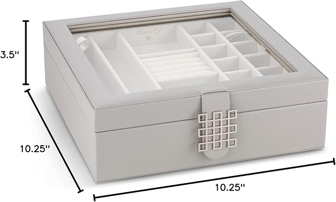 Glenor Co 28 Section Jewelry Box - 2 Layer - Buckle Snap & Magnet Closure - Large Glass Top - Leather Design - Grey - Jewelry Organizer for Women & Girls - for Earring Ring Necklace & Bracelet - Image 6