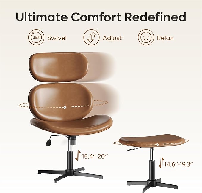 Bestier Swivel Modern Chair with Ottoman No Wheels, PU Criss Cross Reading Chair with Extended Headrest & Adjustable Seat, Modern Armless Ergonomic Chair for Living Room, Brown