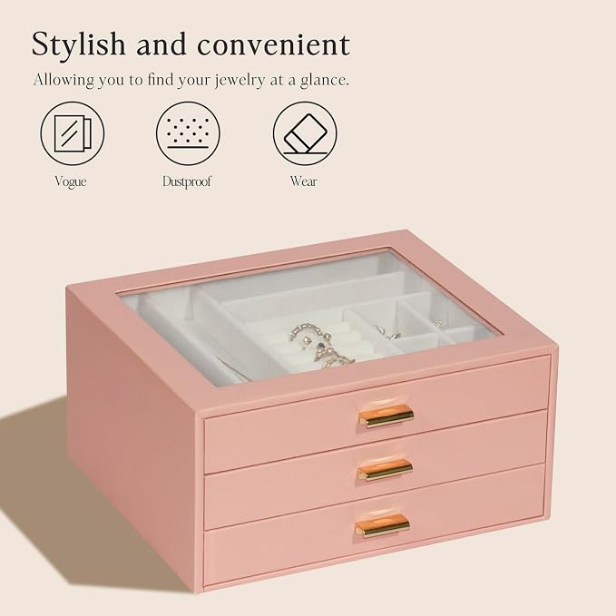 Jewelry Box Organizer with 3 Drawers,Glass Lid Jewelry Boxes for Women,Jewelry Storage for Rings,Necklaces,Earrings,Bracelets,Interesting Gift,Pink - Image 7