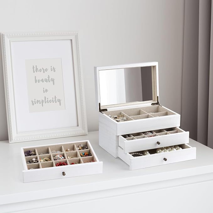 Meangood Jewelry Box Organizer for Women, 3 Layer Large Jewelry Storage Case, Rustic Wooden Jewelry Box with Mirror & Ring Tray for Necklace Earring Bracelets Rings, Vintage Style (White) - Image 4