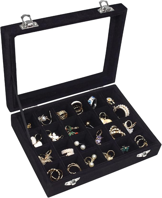Vicoter Velvet Jewelry Box 24 Grid Jewelry Ring Display Organiser Box Tray Holder Earrings Storage Case for Girls Wife Mom Women (Black) by Vicoter
