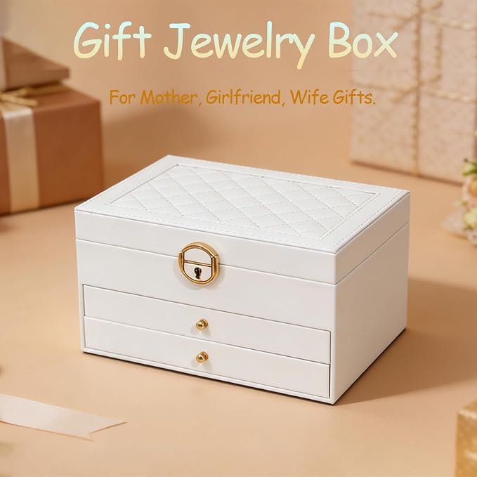3 Layer Jewelry Box Organizer with Drawers, Lockable PU Leather Jewelry Storage Case for Mothrer's Day gifts Necklace Earring Ring Bracelet Watch, White - Image 6