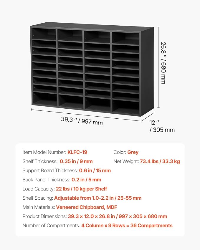 VEVOR Literature Organizer, 36 Compartments Office Mailbox with Adjustable Shelves, Wooden Mailbox Sorter Medium Density Fiberboard Office Home Classroom Storage for Files, Documents, Papers, Grey - Image 3