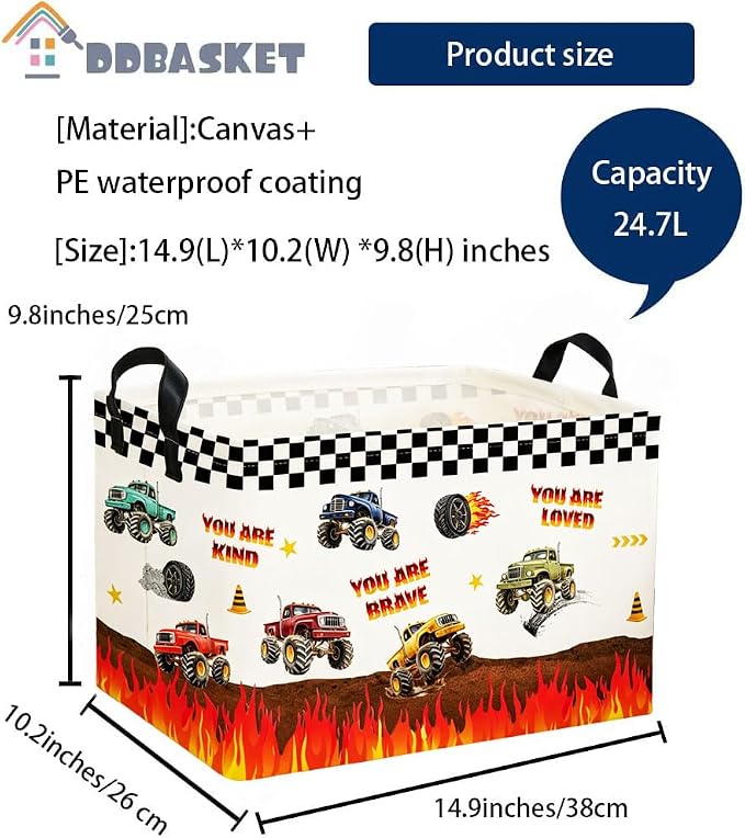 Rectangular Kids Baskets Monster Truck Basket Cute Storage Bins Organizer Box Boys Room Decor for Home.(Flame Racing) - Image 2