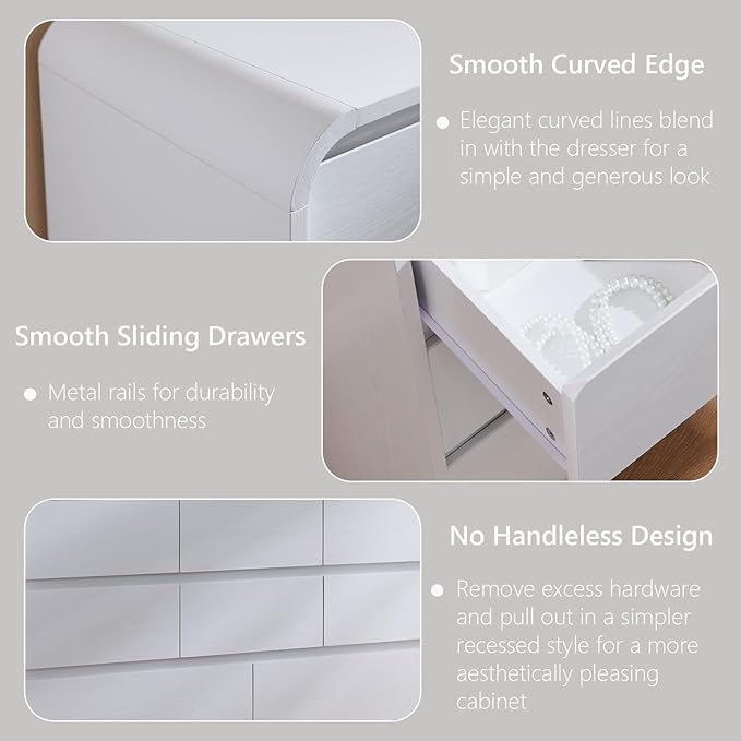 Aitjunz Modern 7 Drawers Dresser for Bedroom, 47" Wide Wood Dressers & Chests of Drawers w/Curved Profile Design, Mid Century Modern Dresser w/Natural Texture for Bedroom, Living Room,Antique White