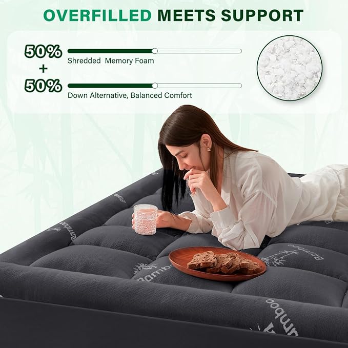 Anluoer Memory Foam Mattress Topper Full for Back Pain, Rayon Derived from Bamboo Pillow Top Mattress Topper for Hot Sleepers,Cooling Mattress Pad with 8-21" Deep Pocket, 54x75 Inches, Dark Grey