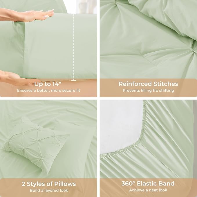 Sasttie Twin XL Comforter Set, 5-Piece Bed in a Bag, Pintuck Bedding Sets for All Season, Includes Comforter, Flat Sheet, Fitted Sheet, Pillowcase and Pillowsham, Mint