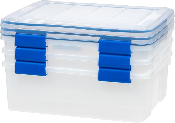 IRIS USA WeatherPro 27 Qt Storage Bins with Lids, 3 Pack, BPA-Free Plastic Gasket Box with Tight Latch and Seal, Stackable Nestable Tote Tub - Clear/Blue - Image 8