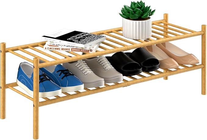 ROMGUAR CRAFT 2-Tier Bamboo Long Shoe Rack, Free Standing Wood Shoe Shelf Storage Organizer for Closet Entryway Stackable 35"x11"x13" (Natural) by ROMGUAR+CRAFT