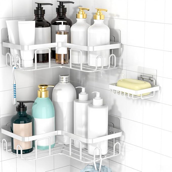 Moforoco Corner Adhesive Shower Caddy, with Soap Holder and 12 Hooks, Rustproof Stainless Steel Bathroom Organizer, No Drilling Wall Mounted Rack, Black, 3-Pack(White) by MOFOROCO