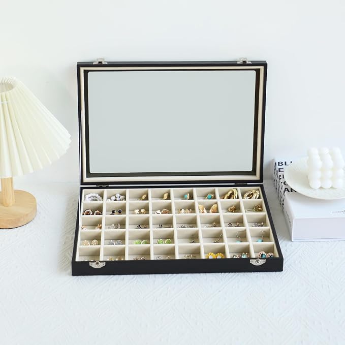 Stratalife Jewelry Organizer 40 Grid Beige Black Jewelry Tray with Clear Dust-proof Lid Velvet Earring Organizer Necklace Rings Holder Display Drawer Storage Case for Women - Image 6